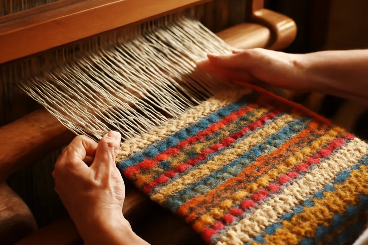 Tissage artisanal, matières naturelles et pièces en cours de finition