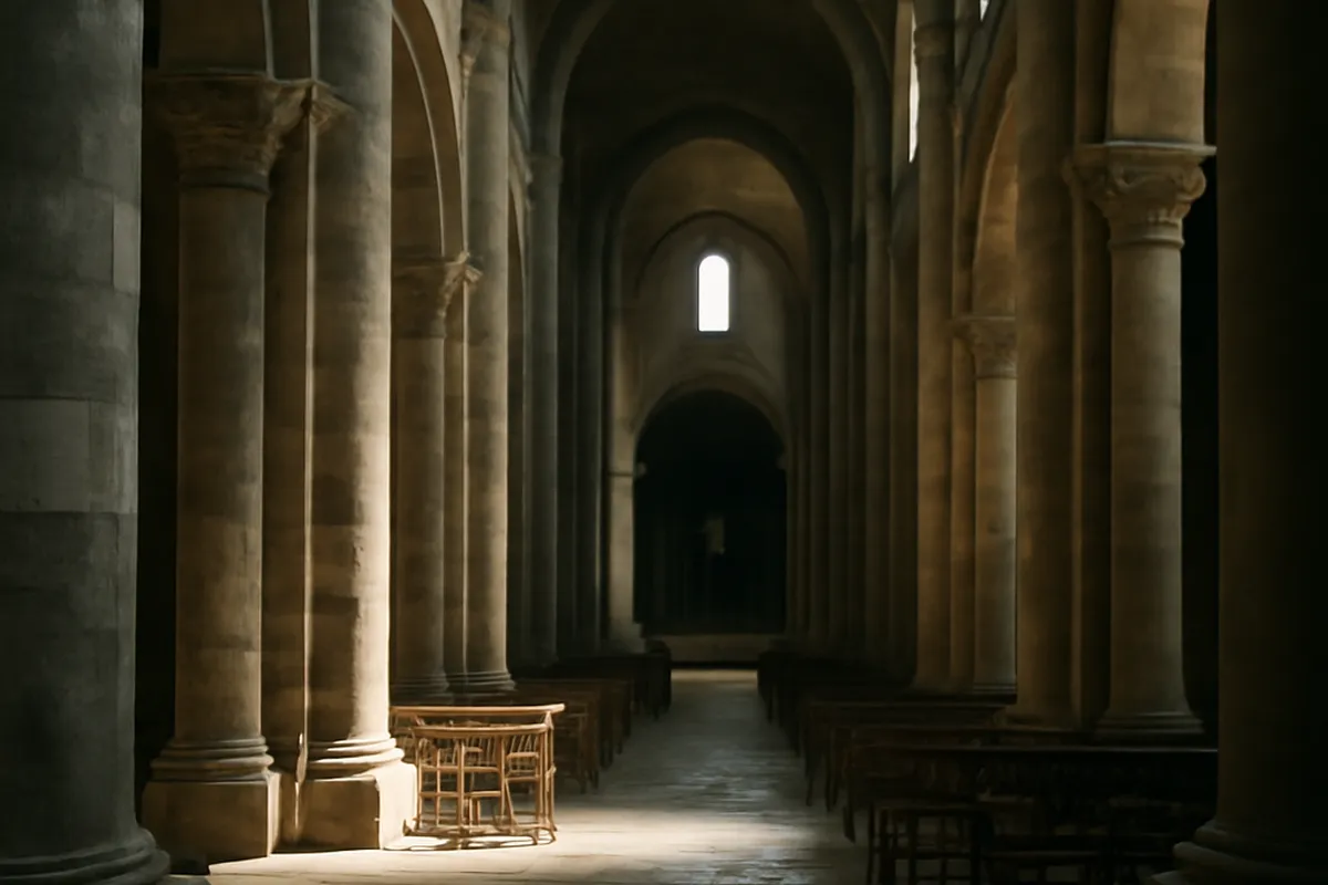Chapiteau sculpté et jeux d'ombre dans la cathédrale Saint-Pons