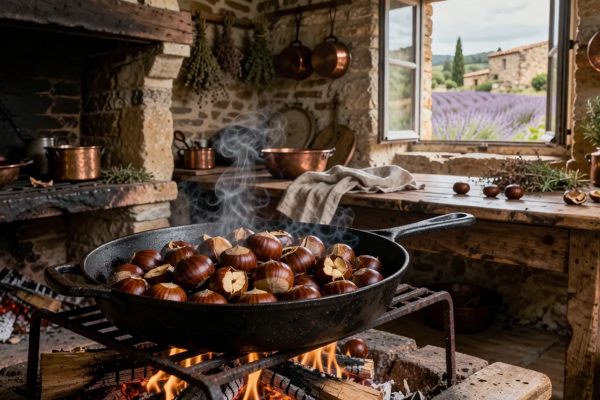 Châtaignes fraîches ouvertes sur une table de cuisine du Haut-Languedoc