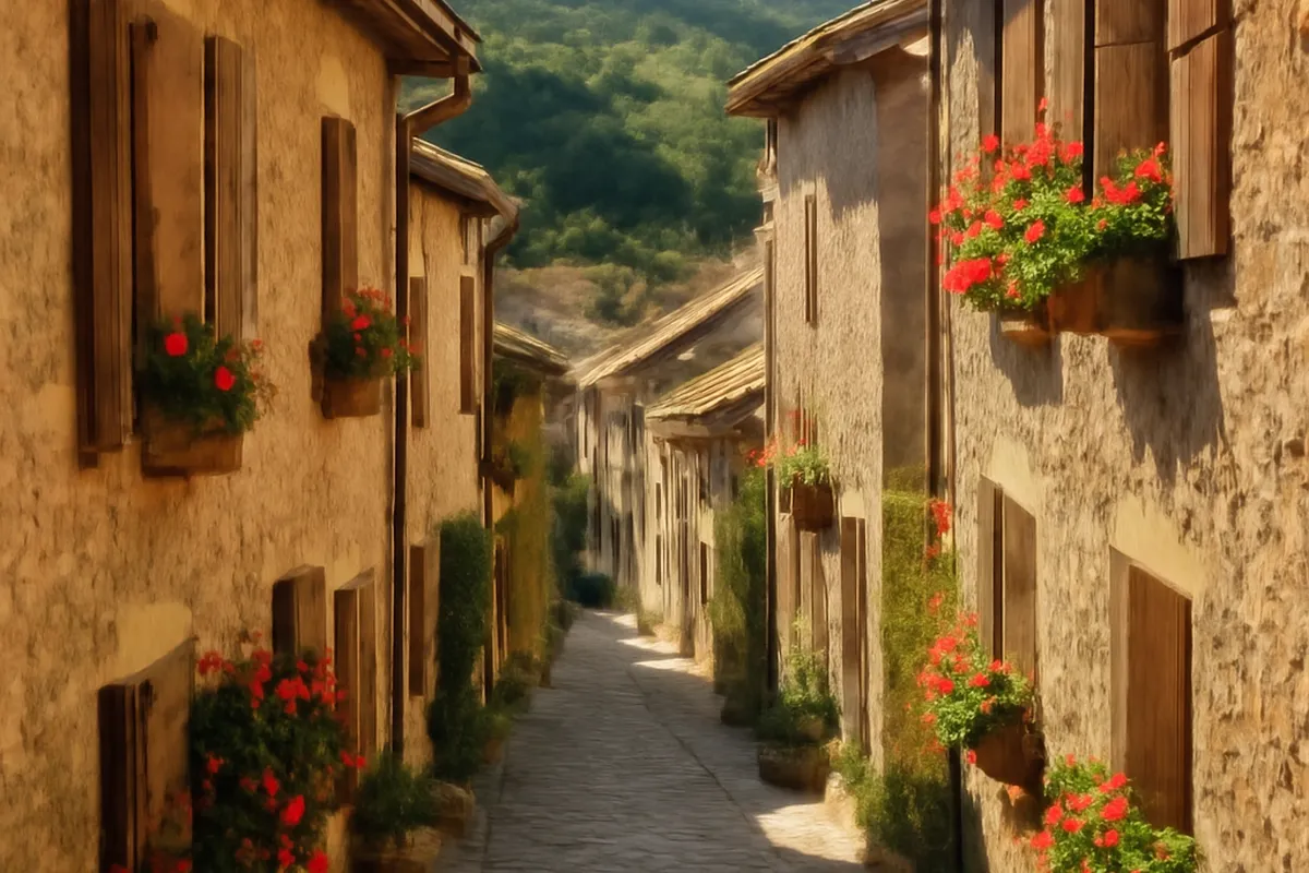 Ruelle et maisons de pierre à Riols dans une vallée du Pays Saint-Ponais